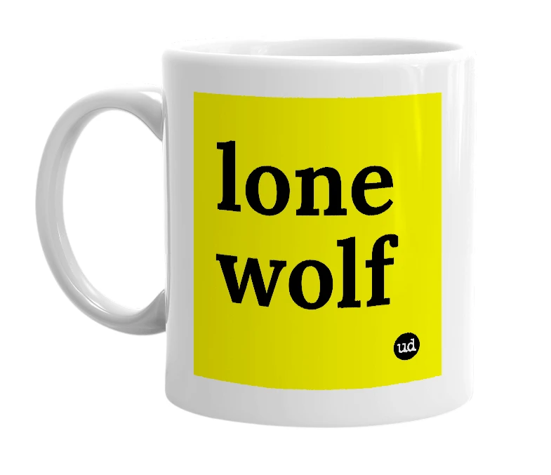 White mug with 'lone wolf' in bold black letters