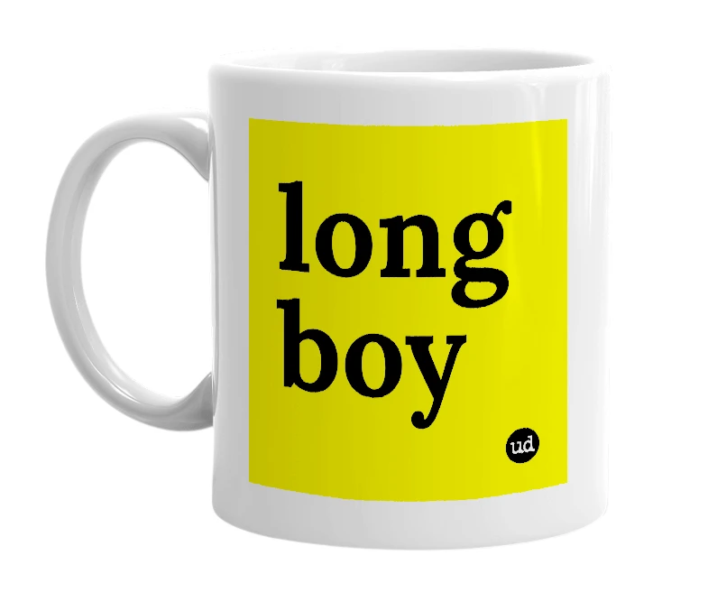 White mug with 'long boy' in bold black letters