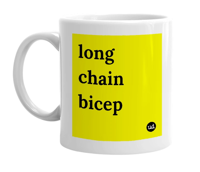 White mug with 'long chain bicep' in bold black letters