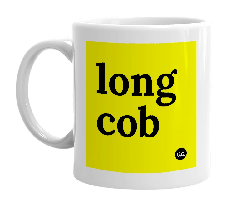 White mug with 'long cob' in bold black letters
