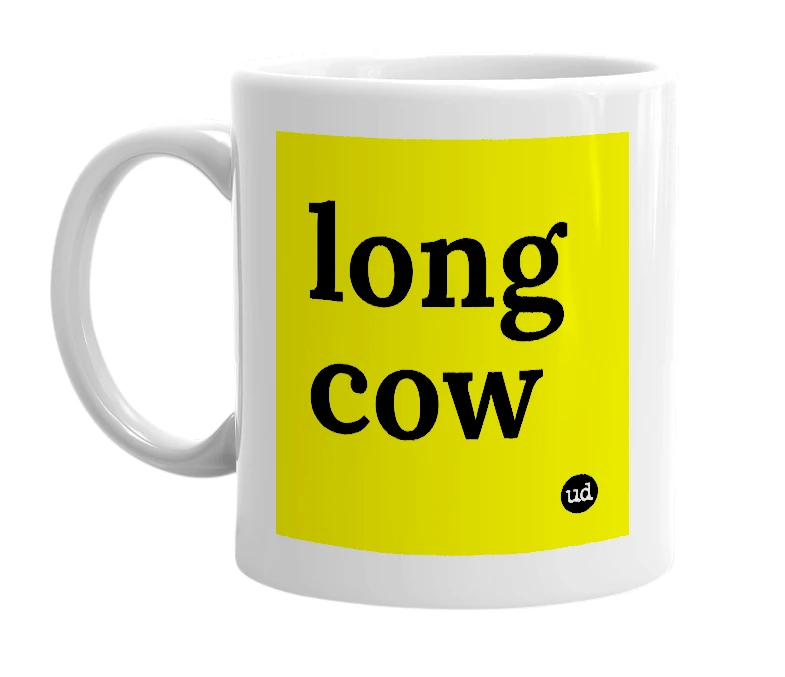 White mug with 'long cow' in bold black letters