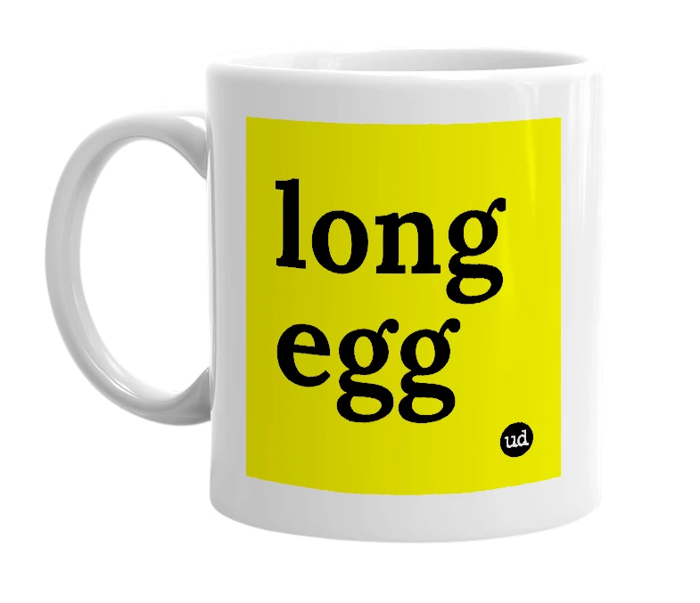 White mug with 'long egg' in bold black letters