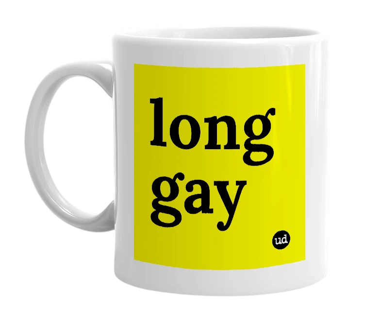 White mug with 'long gay' in bold black letters