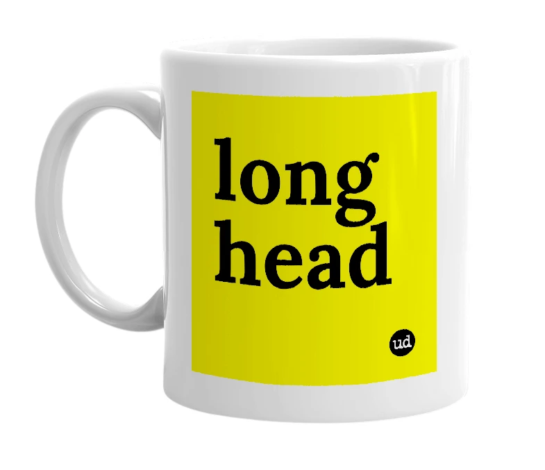 White mug with 'long head' in bold black letters