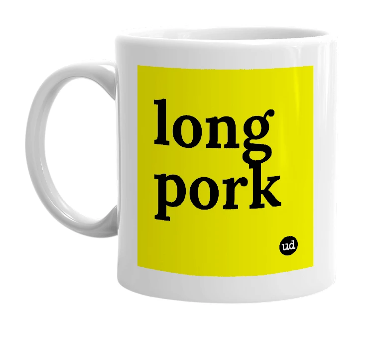 White mug with 'long pork' in bold black letters