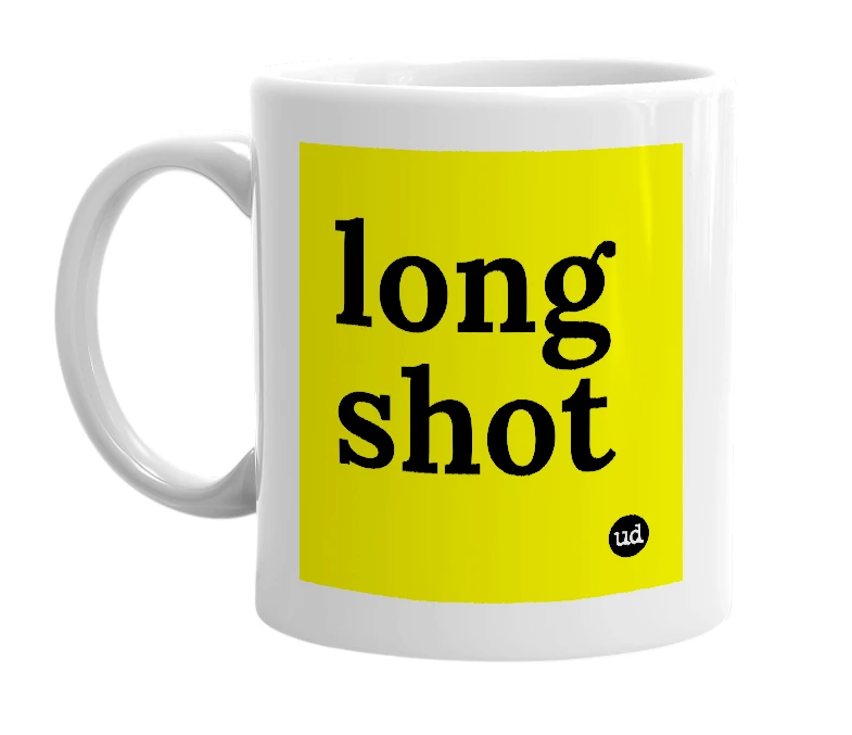 White mug with 'long shot' in bold black letters