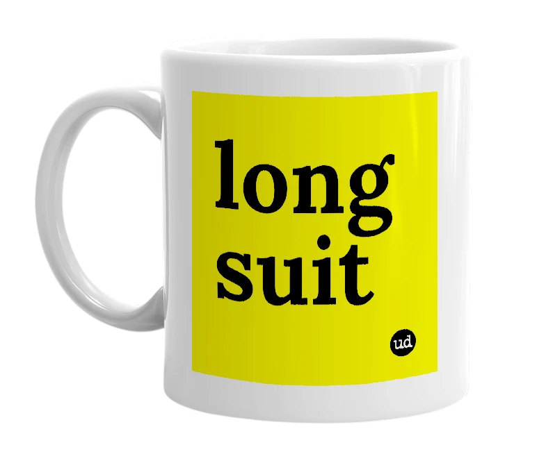 White mug with 'long suit' in bold black letters