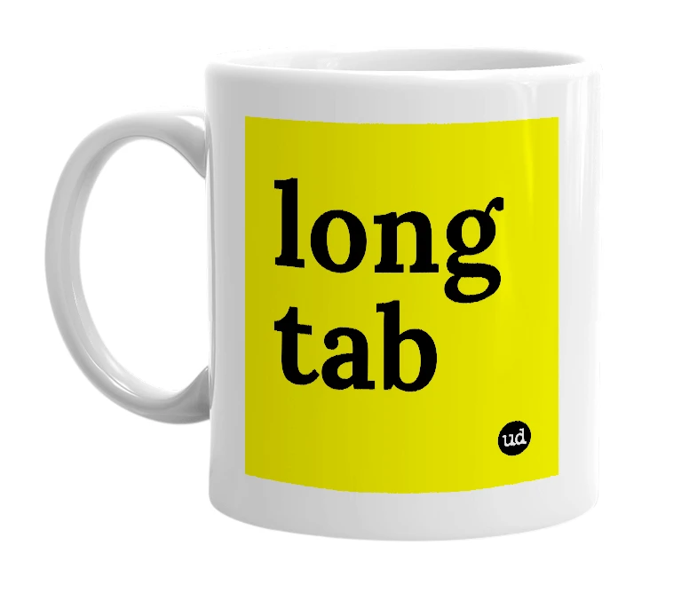 White mug with 'long tab' in bold black letters