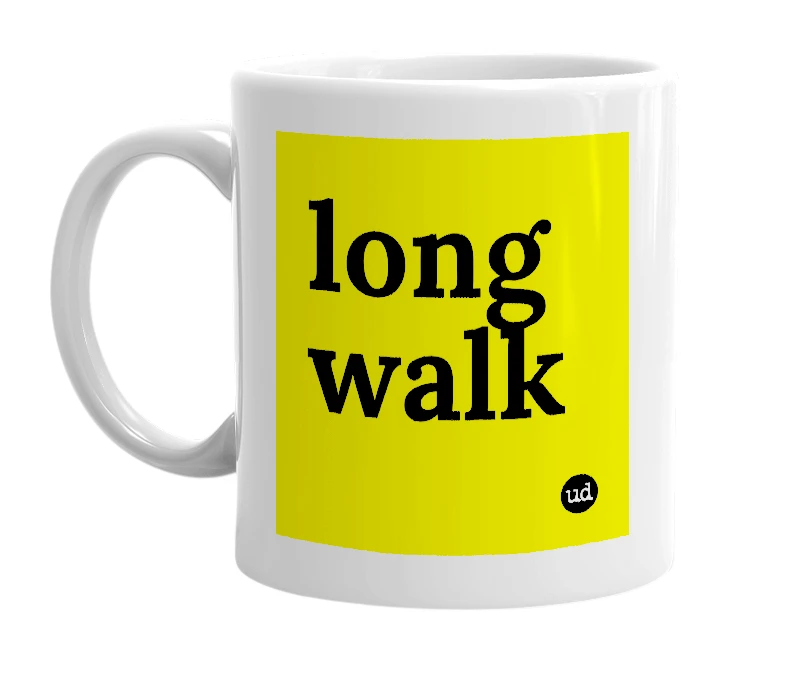 White mug with 'long walk' in bold black letters