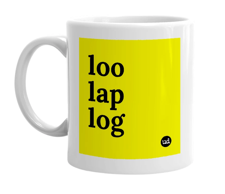 White mug with 'loo lap log' in bold black letters