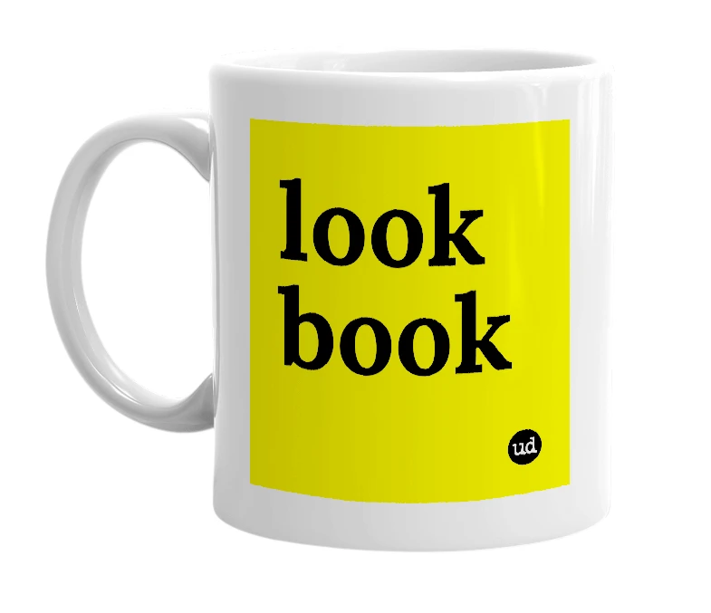 White mug with 'look book' in bold black letters