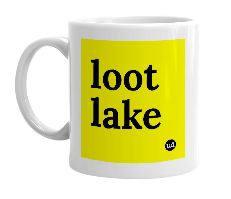 White mug with 'loot lake' in bold black letters