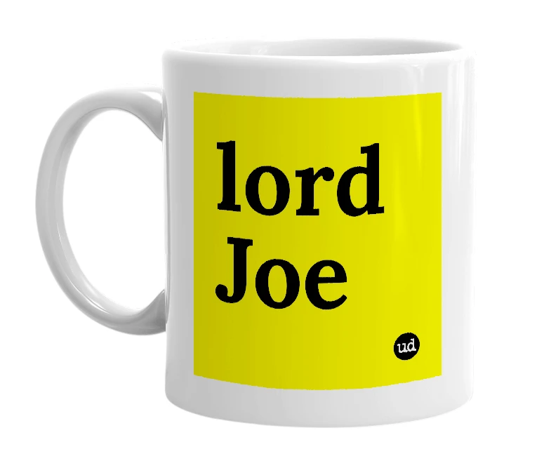 White mug with 'lord Joe' in bold black letters