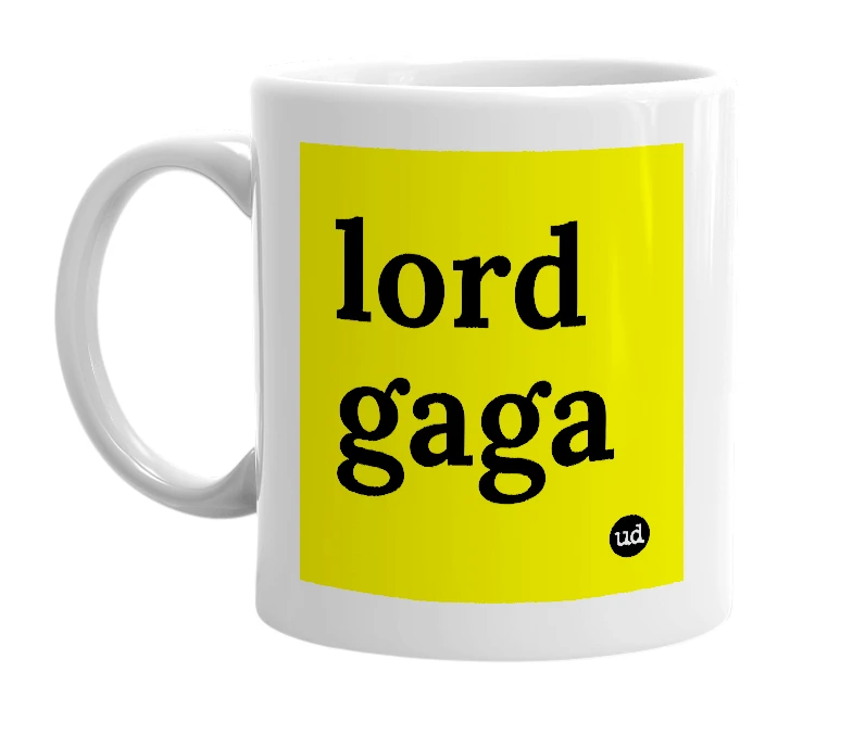 White mug with 'lord gaga' in bold black letters