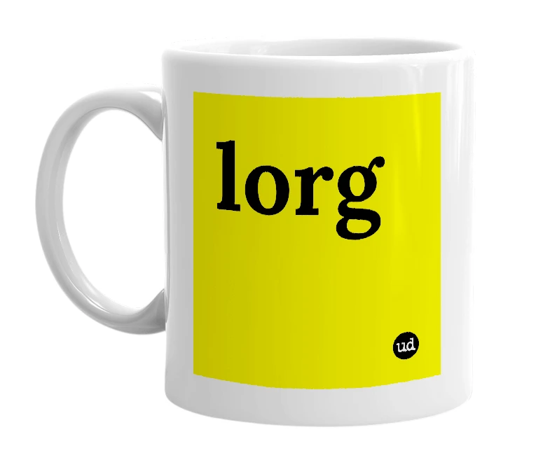 White mug with 'lorg' in bold black letters