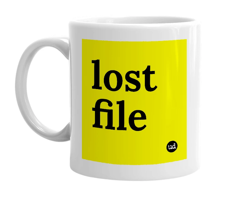 White mug with 'lost file' in bold black letters