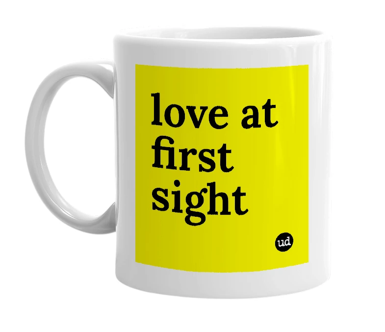 White mug with 'love at first sight' in bold black letters