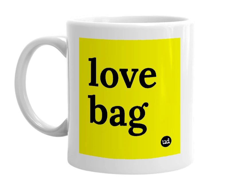 White mug with 'love bag' in bold black letters