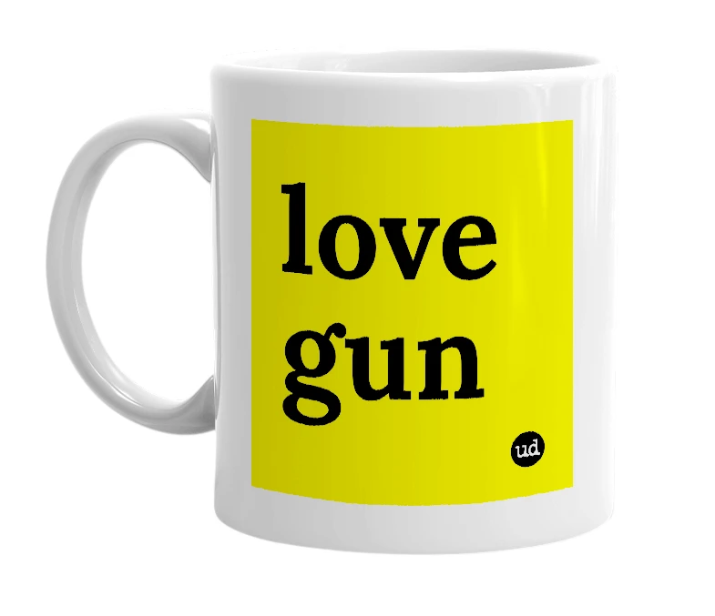 White mug with 'love gun' in bold black letters