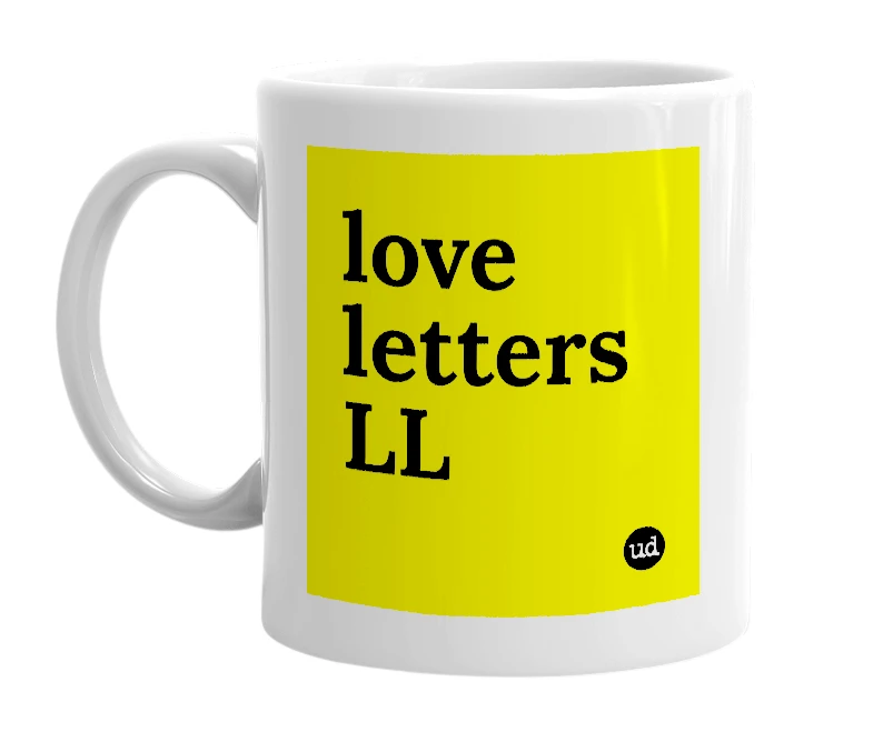 White mug with 'love letters LL' in bold black letters