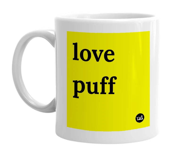 White mug with 'love puff' in bold black letters