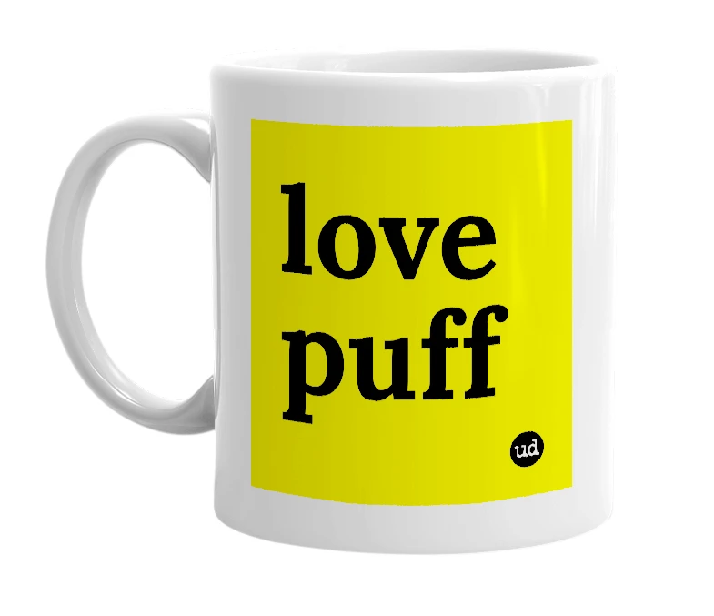 White mug with 'love puff' in bold black letters
