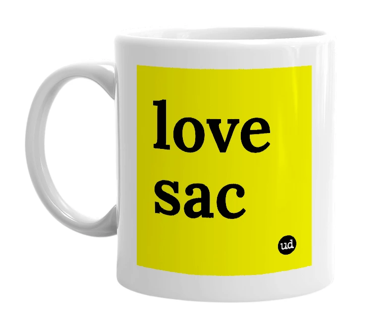 White mug with 'love sac' in bold black letters