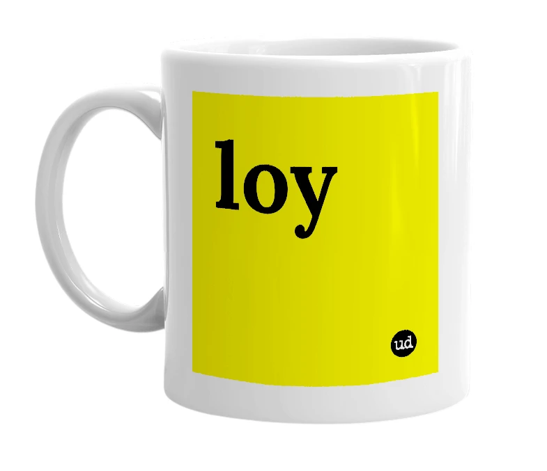 White mug with 'loy' in bold black letters