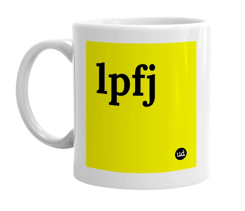 White mug with 'lpfj' in bold black letters