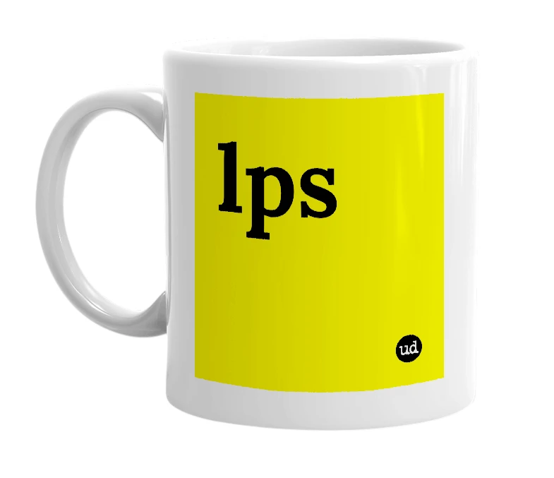 White mug with 'lps' in bold black letters