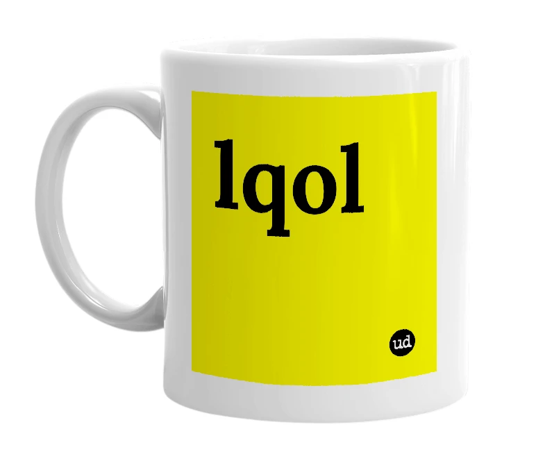 White mug with 'lqol' in bold black letters