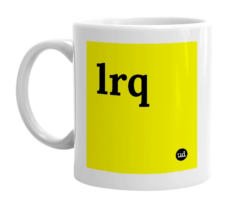 White mug with 'lrq' in bold black letters