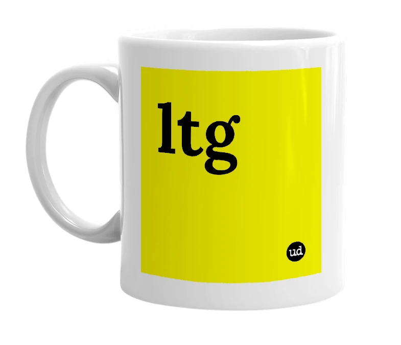 White mug with 'ltg' in bold black letters