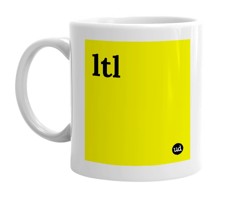 White mug with 'ltl' in bold black letters