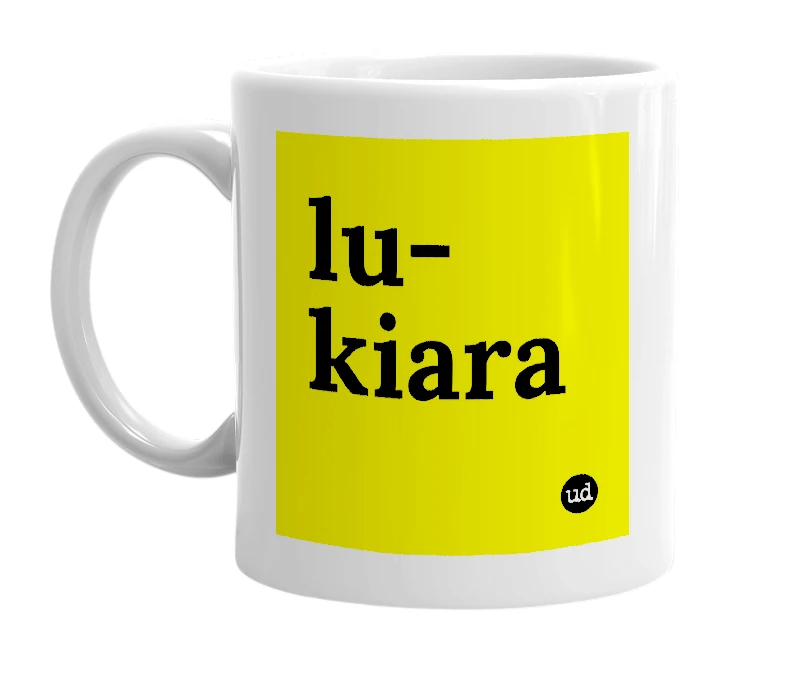White mug with 'lu-kiara' in bold black letters
