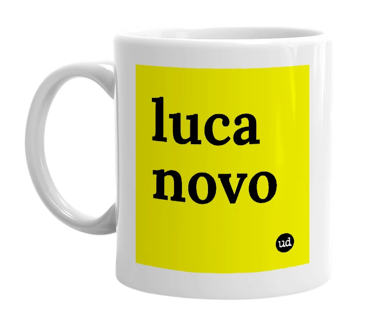 White mug with 'luca novo' in bold black letters