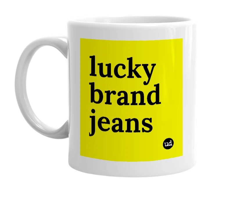 White mug with 'lucky brand jeans' in bold black letters