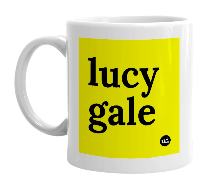 White mug with 'lucy gale' in bold black letters