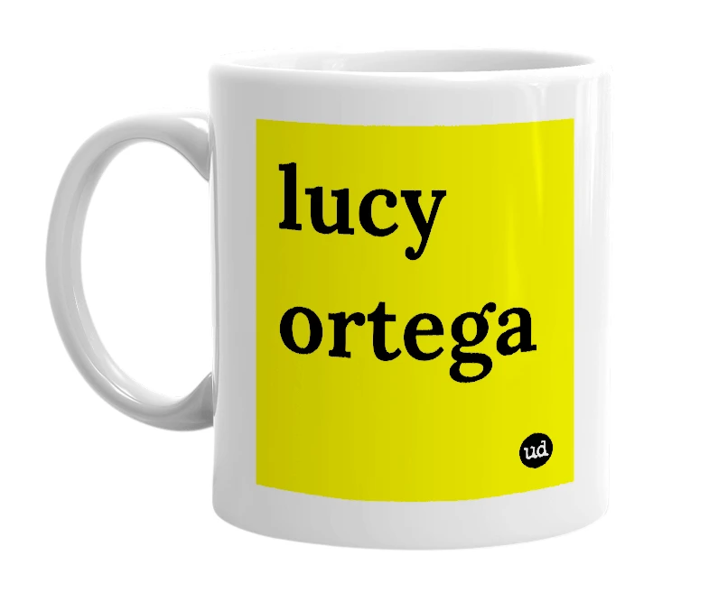 White mug with 'lucy ortega' in bold black letters