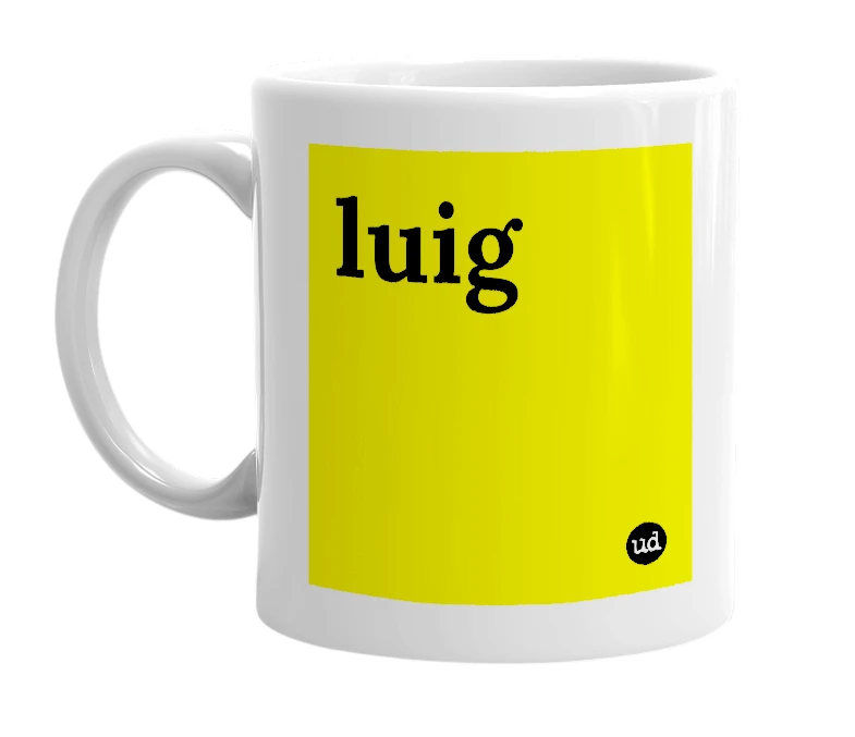 White mug with 'luig' in bold black letters