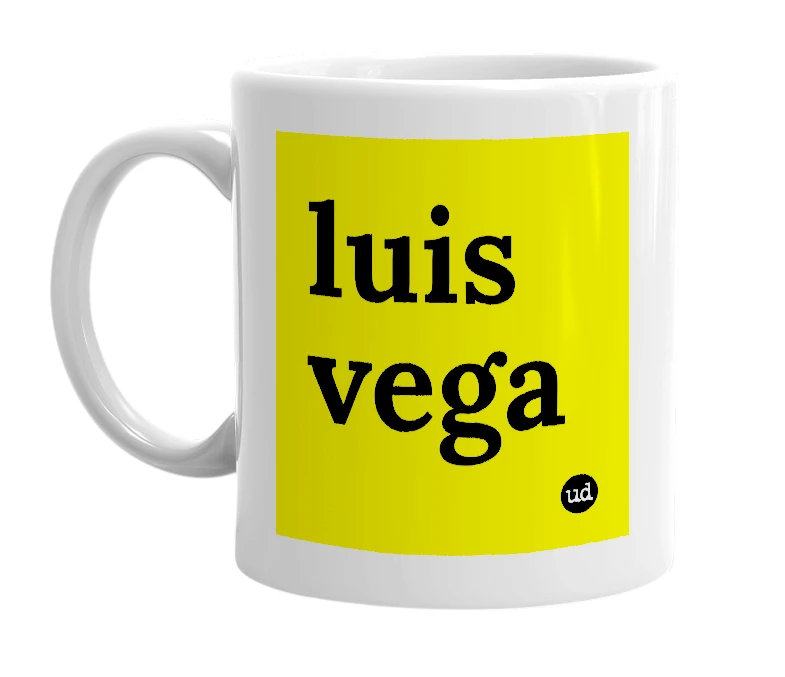 White mug with 'luis vega' in bold black letters