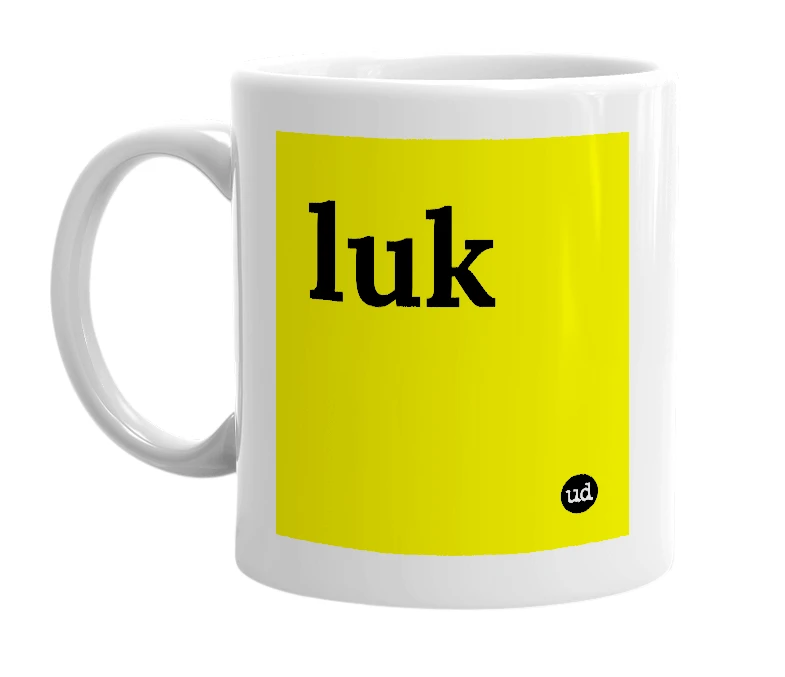 White mug with 'luk' in bold black letters