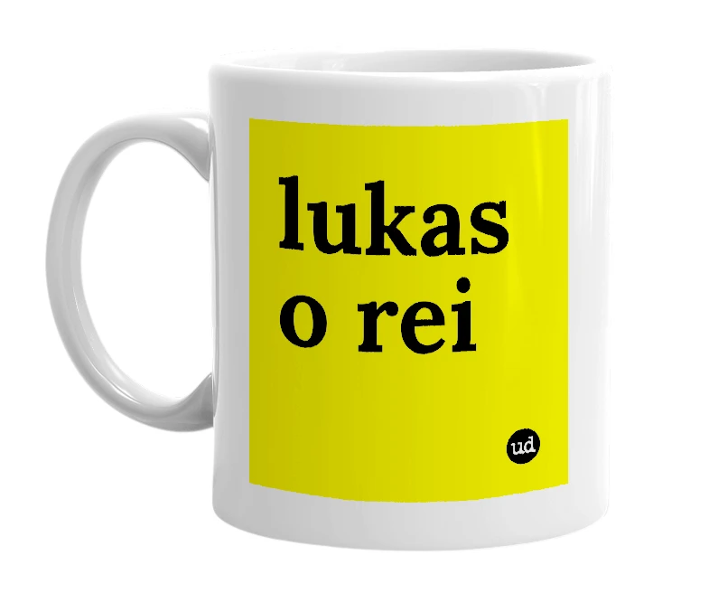 White mug with 'lukas o rei' in bold black letters