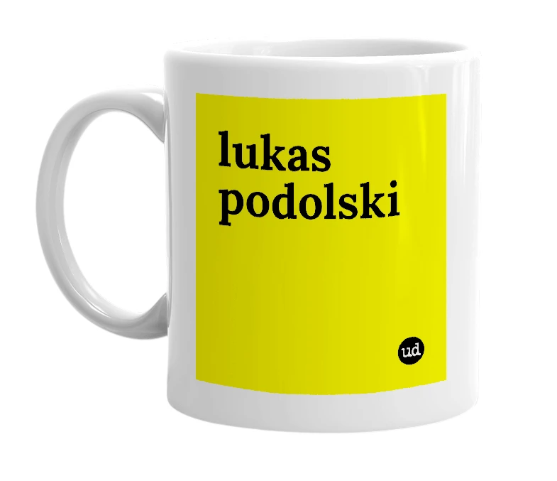 White mug with 'lukas podolski' in bold black letters