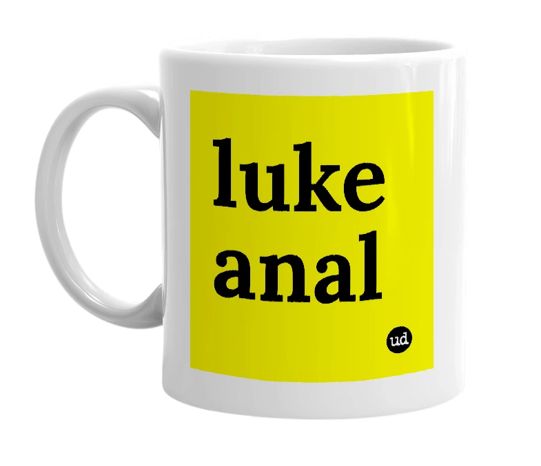 White mug with 'luke anal' in bold black letters