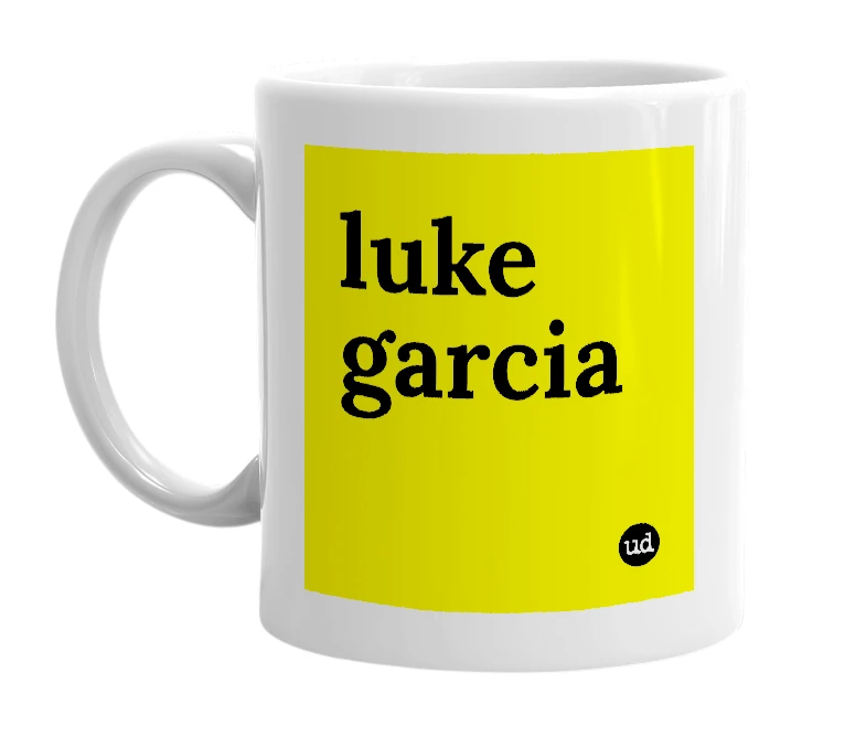 White mug with 'luke garcia' in bold black letters