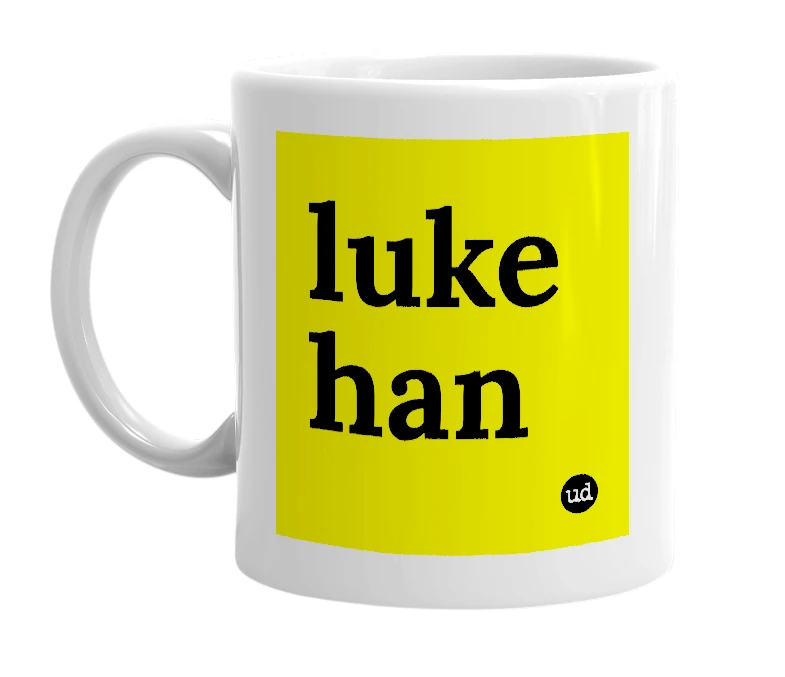 White mug with 'luke han' in bold black letters