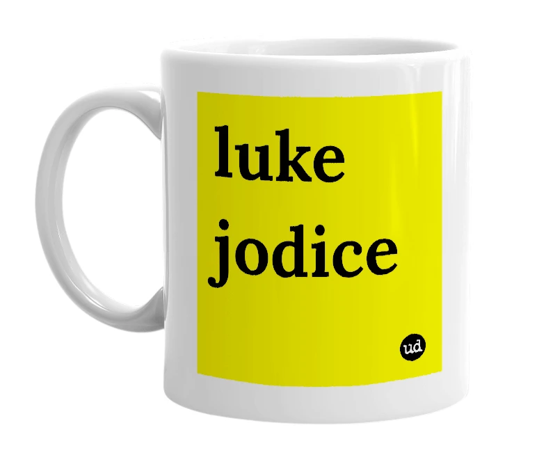 White mug with 'luke jodice' in bold black letters