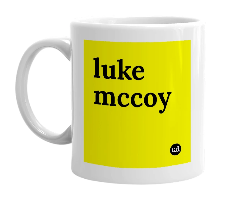 White mug with 'luke mccoy' in bold black letters