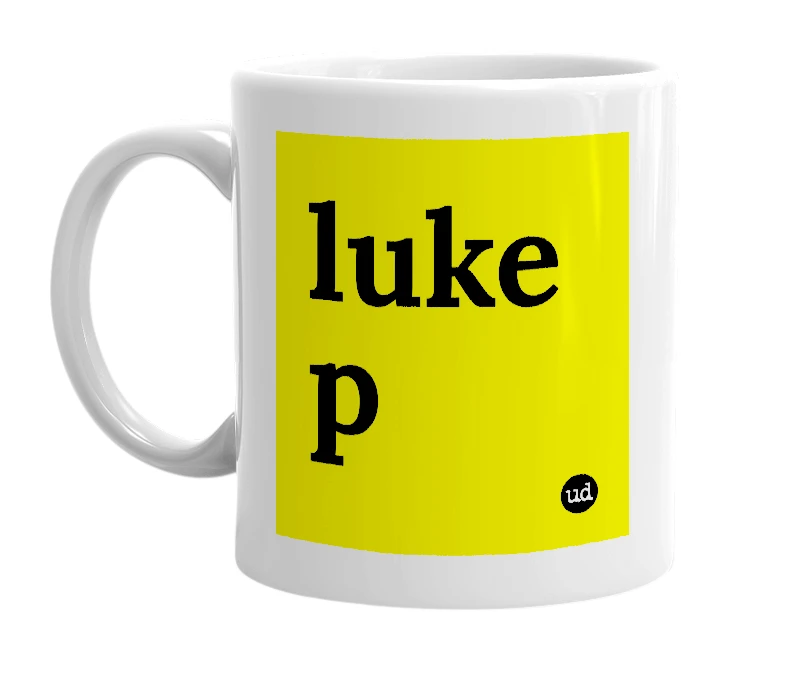 White mug with 'luke p' in bold black letters